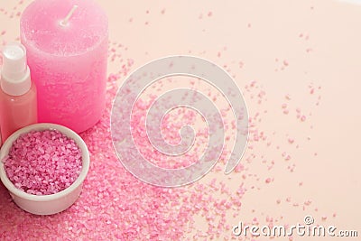 Skin body care wellness pink candle bath salt Stock Photo