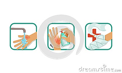 Skin Burn Injury Treatment Set, Treating Hand Injury with Water, Antiseptic, Bandaging, Brochure, Poster Infographic Vector Illustration