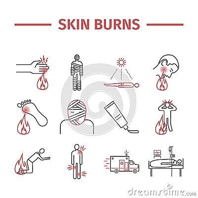 Skin Burns kine icons. Treatment. Vector illustrations Vector Illustration