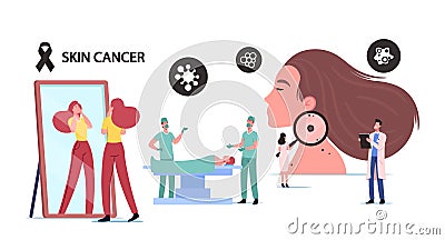 Skin Cancer Concept. Tiny Doctor Oncologist Character Examine Woman Moles with Huge Magnifier. Surgeon Make Operation Vector Illustration