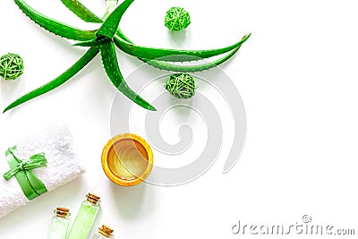 Skin care. Aloe vera gel and aloe vera leafs on white background top view copyspace Stock Photo