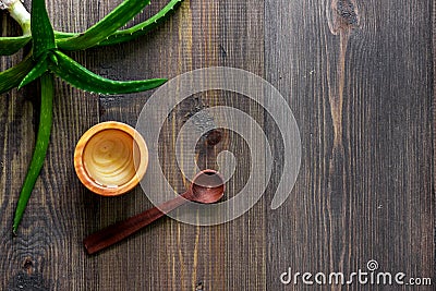 Skin care. Aloe vera gel and aloe vera leafs on wooden background top view copyspace Stock Photo