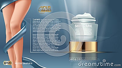 Skin care beauty Body Foundation. Moisturizing Lotion cosmetic ads template. Mockup 3D Realistic Woman silhouette Vector Illustration