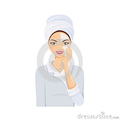 Skin care, body health, beauty. Girl applying cream on face. Vector Illustration