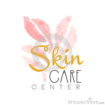 Skin care center delicate logo design. Label with golden and pink gentle colors. Beauty salon emblem concept. Vector Illustration