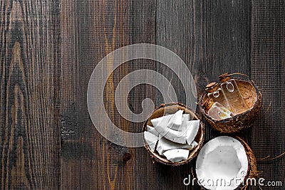 Skin care. Coconut lotion on wooden table background top view copyspace Stock Photo