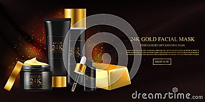 Skin care concept. Facial mask with gold 24k, golden water oil, skincare hydration moisturizer. Vector beauty concept. Vector Illustration