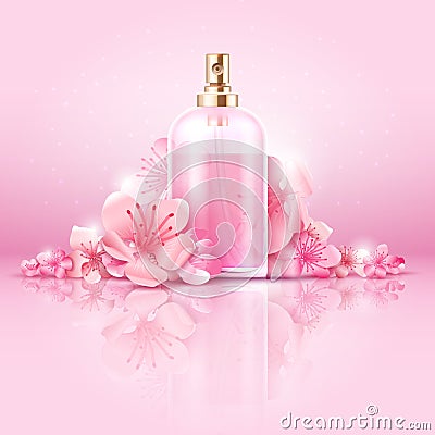 Skin care cosmetic vector concept. cosmetic with vitamin and collagen in bottle and sakura flowers Vector Illustration