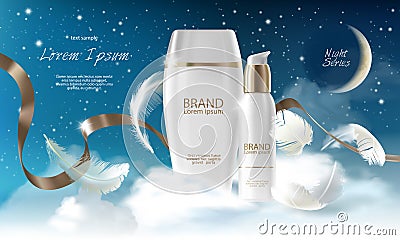 Skin care cream night series. Jar, spray, container with cosmetic cream on night background with clouds. Vector Vector Illustration
