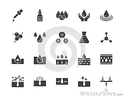 Skin care flat glyph icons set. Hyaluronic acid drop, serum, anti ageing compound retinol, pore tighten vector Vector Illustration