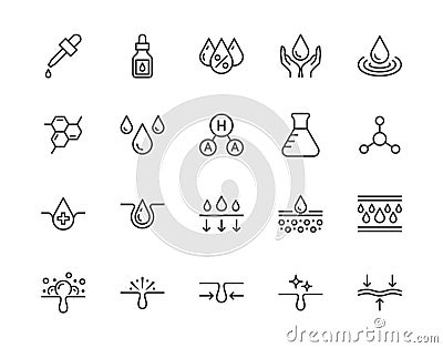 Skin care flat line icons set. Hyaluronic acid drop, serum, anti ageing compound retinol, pore tighten vector Vector Illustration