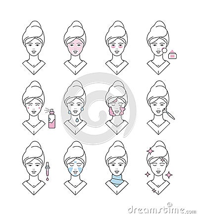 Skin care icon. Face cream soap washed collagen eye creme makeup line cleanse pore vector symbols Vector Illustration