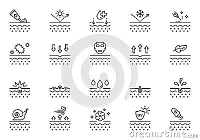 Skin Care Line Icon Set. Skincare Cosmetic, Acne Medical Problem Outline Pictogram. Dermatology and Cosmetology Vector Illustration