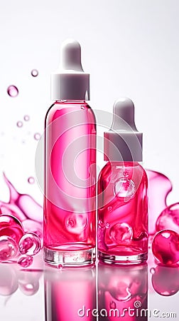 Skin care essence glass bottles on a white background, generative AI. Stock Photo