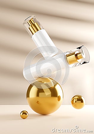 Skin Care Products Mockup - Premium Skin Care Cosmetic Product Balanced on Gold Ball - 3d Illustration Render Stock Photo