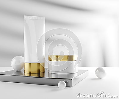 Skin Care Products Mockup - Premium Skin Care Cosmetic Product on a Block - 3d Illustration Render Stock Photo