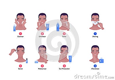 Daily skin care routine concept. Vector flat people avatar illustration. Step instruction. Male smiling face. Cleanser, exfoliator Vector Illustration