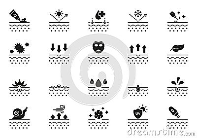 Skin Care Silhouette Icon Set. Skincare Cosmetic, Acne Medical Problem Glyph Pictogram. Dermatology and Cosmetology Vector Illustration