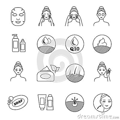 Skin care vector icons. Prevention of aging and eliminating of wrinkle pictograms Vector Illustration