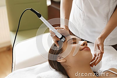 Skin Care. Woman Getting Facial Oxygen Jet Peeling Treatment Stock Photo