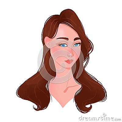 Beautiful young woman face with brown hair. Vector Illustration