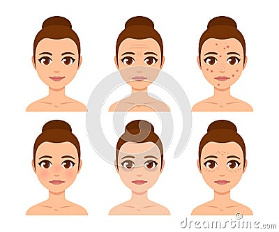 Skin concerns woman face set Vector Illustration