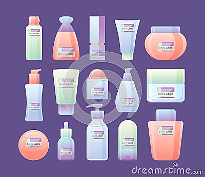 Skin creams. Antioxidant anti aging creams and care liquid products for beauty woman spa salon relaxing items scrubs and Vector Illustration