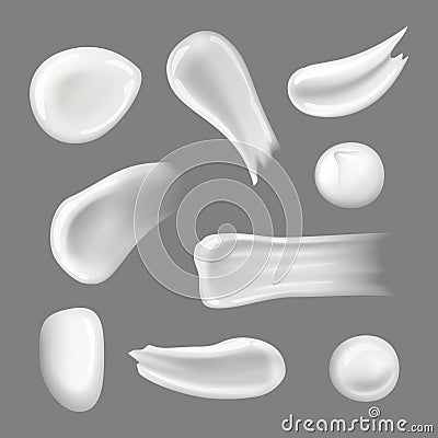 Skin creams drops. Creamy splashes and smear moisturizer natural cosmetic for women vector realistic collection Vector Illustration