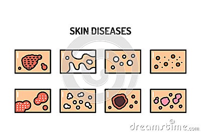Skin diseases color line icons set. Isolated vector element. Outline pictograms for web page, mobile app, promo Vector Illustration