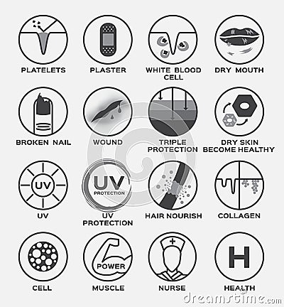 Skin icon / platelets plaster white blood cell dry mouth broken nail wound triple protection dry healthy uv hair nourish co Vector Illustration