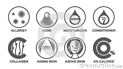 Skin icon set / allergy acne moisturizer hair conditioner collagen aging 0% calorie Stock Photo