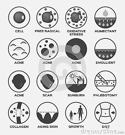 Skin icon set / cell acne free radical oxidative stress humectant emollient scar sunburn phlebotomy collagen aging skin gro Vector Illustration