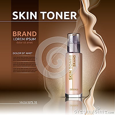 Skin toner ads cosmetics. Glass bottle and sparkling effects background. Elegant lable for design, template. Mockup 3D Realistic V Cartoon Illustration