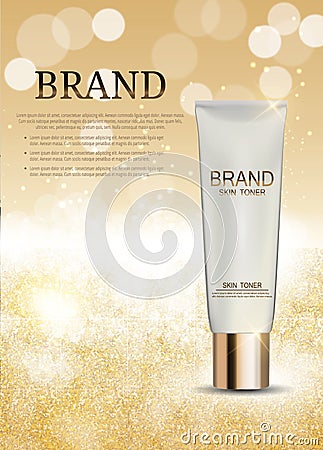 Skin Toner Bottle Tube Template for Ads or Magazine Background. Vector Illustration