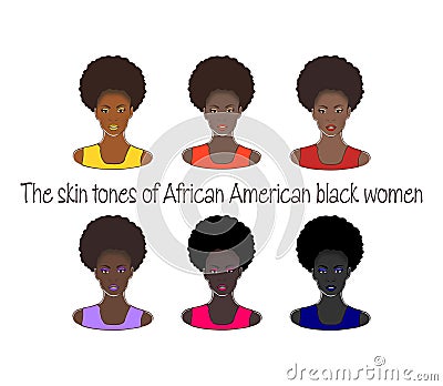 The skin tones of African American black woman.Vector set of stylish beautiful fashion black ladies drawing illustration. Cartoon Illustration