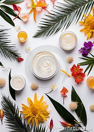Skincare, beauty, cosmetic and healthcare products made of flowers and plants. Skin cream, oil and body lotion. Flat lay, top Stock Photo