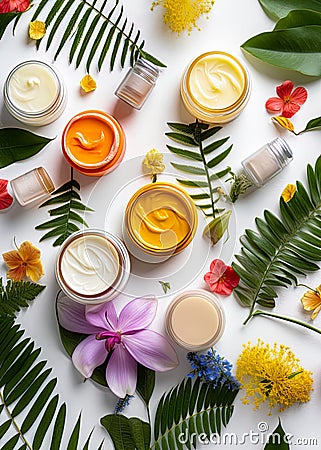 Skincare, beauty, cosmetic and healthcare products made of flowers and plants. Skin cream, oil and body lotion. Flat lay, top Stock Photo