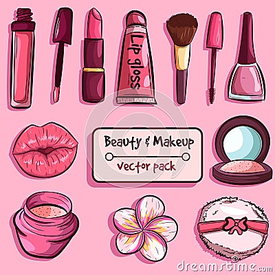 Skincare and beauty elements pack. Makeup pink products. Vector collection of different cosmetics for girls and women Vector Illustration
