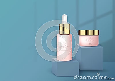 Skincare and beauty products ad with pink cosmetics bottles on podiums with blue background. Cosmetic 3d Vector illustration Vector Illustration