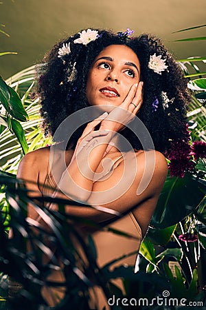 Skincare, black woman and natural cosmetics for dermatology, body care and healthy lifestyle. African American female Stock Photo