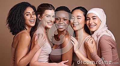 Skincare, diversity and women hug portrait for inclusivity, happiness and healthy skin texture. Interracial beauty and Stock Photo