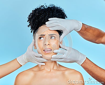 Skincare, plastic surgery and fear, woman with hands on face in studio for cosmetic consultation. Model with stress Stock Photo