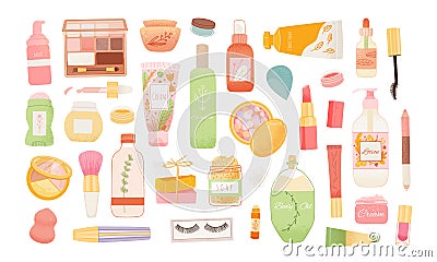 Skincare products organic cosmetics, woman skincare routine icons. Woman beauty set: mascara, lipstick, eye shadows Vector Illustration