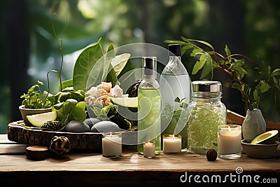 Skincare products set - bottles, candles, vegetables, greens, flowers still life, moisture Eco, Bio, Organic and Environment Stock Photo