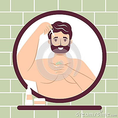 Skincare routine concept. Close up mirror reflection happy young man applying serum to his face with a dropper Serum Treatment, Vector Illustration