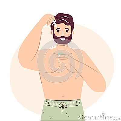 Skincare routine concept. Happy young man applying serum to his face with a dropper Serum Treatment, handsome bearded male Vector Illustration