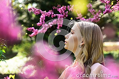 Skincare and summer concept. Sakura flower beauty in nature. Spring woman in cherry flower bloom. Womens day with girl Stock Photo