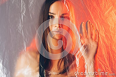 Skincare treatment face contouring woman red light Stock Photo