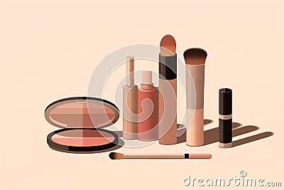 Skinimalism. Set of beauty cosmetics makeup product. Woman make up, brushes, lipstick and poudre. Makeup minimalism concept Stock Photo