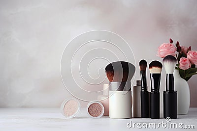 Skinimalism. Set of beauty cosmetics makeup product. Woman make up, brushes, lipstick and poudre. Makeup minimalism concept Stock Photo